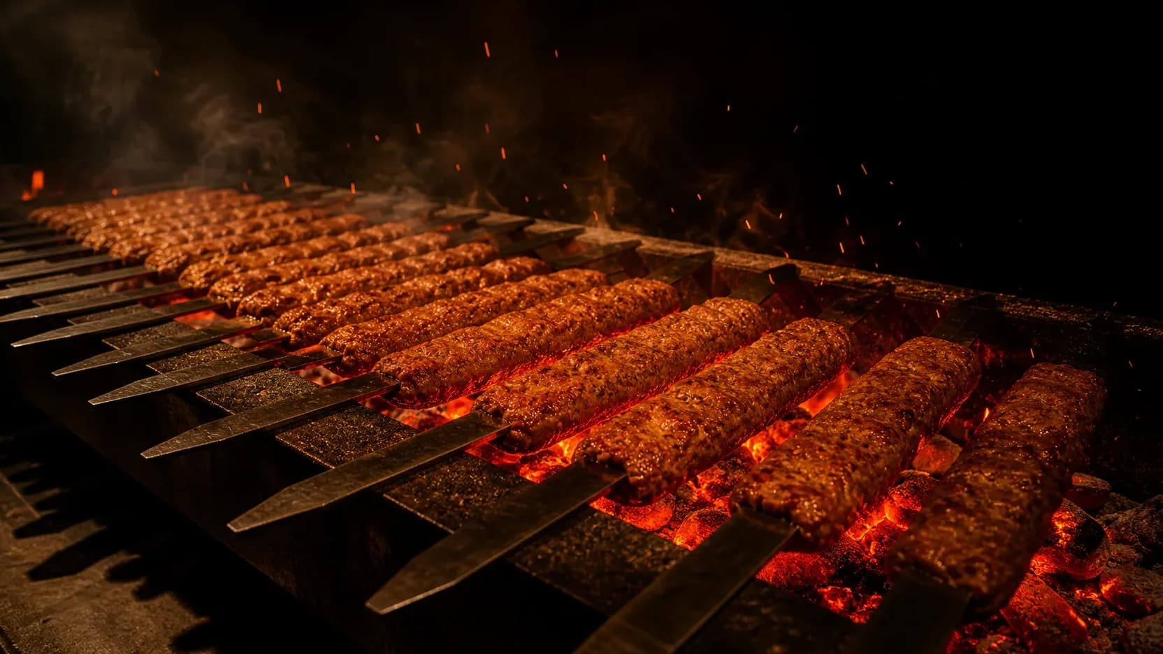 Közde sıra sıra dizilmiş adana kebap şişleri
